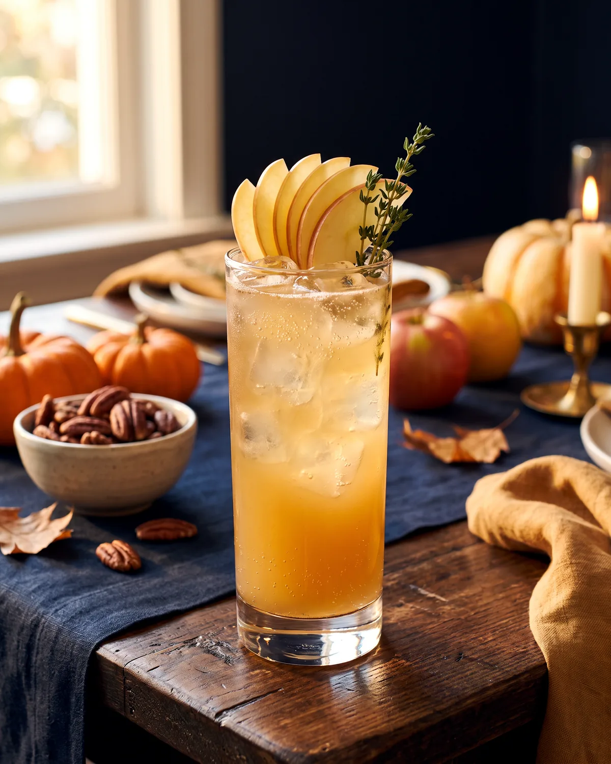 Apple Ginger Rum Buck, made with ReVerb White Rum, in a highball glass, garnished with apple fan