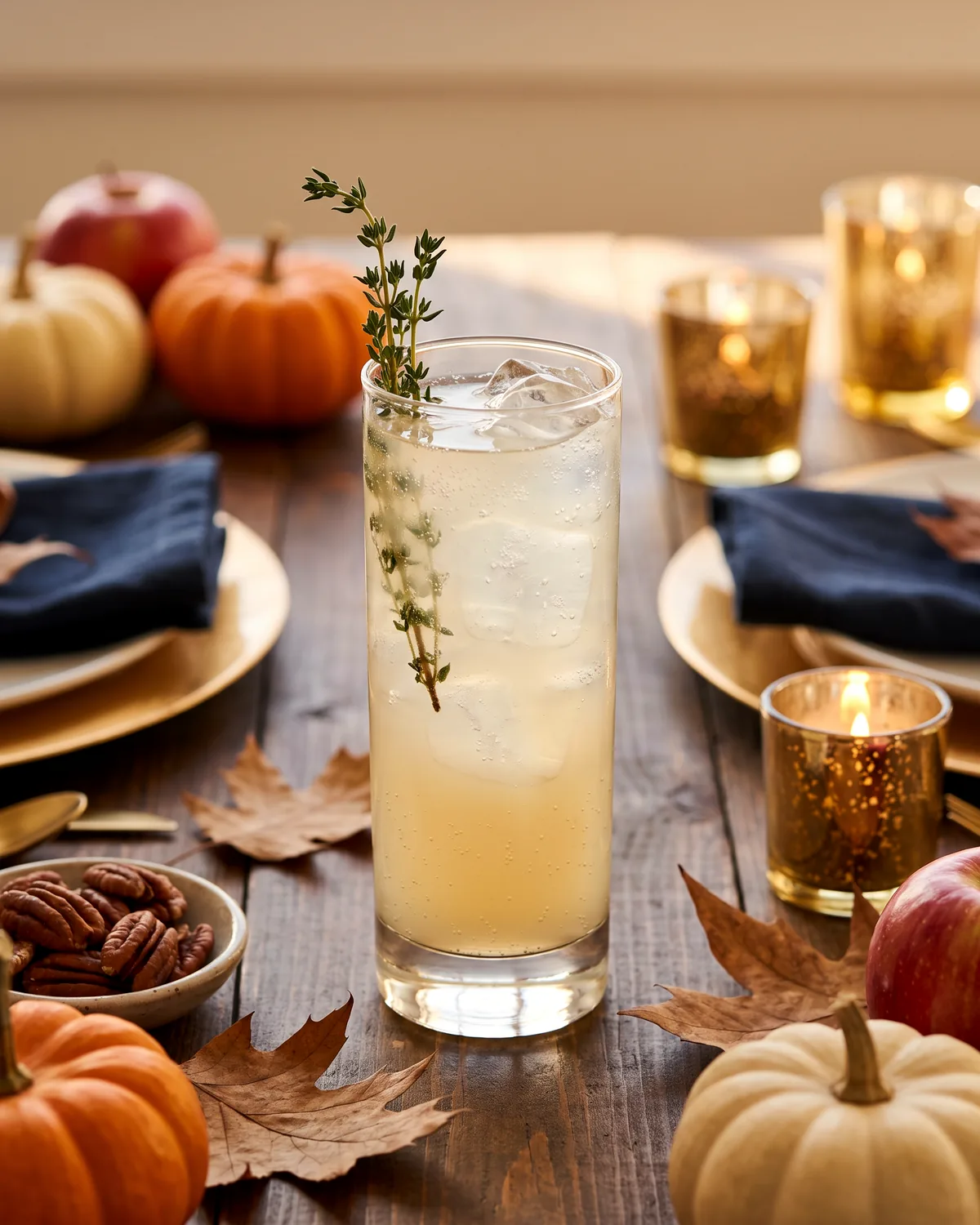 Apple Thyme Gin Fizz, made with ReVerb Gin, in a highball glass, garnished with thyme sprig