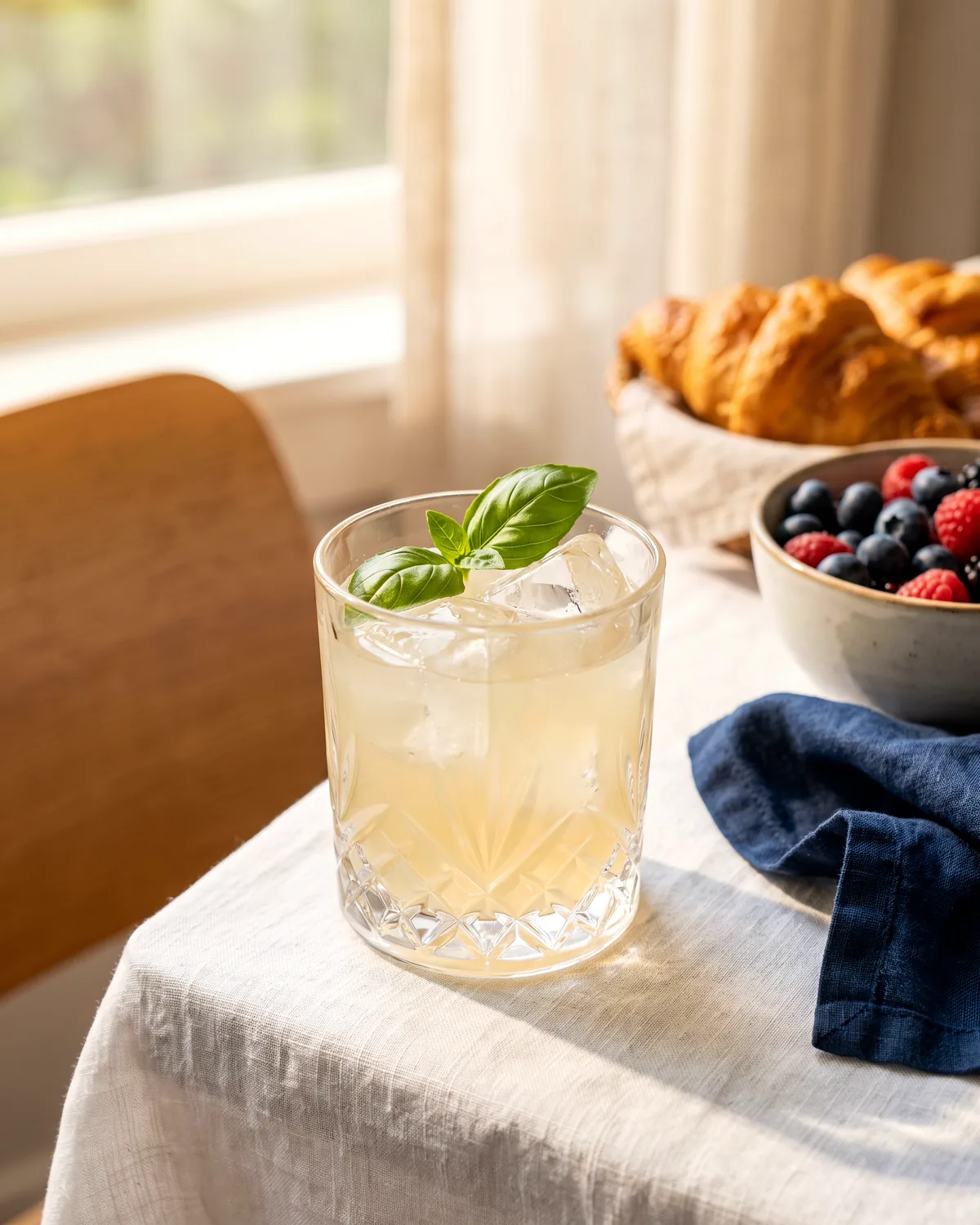 Basil Gin Smash, made with ReVerb Gin, in a rocks glass, garnished with basil leaf