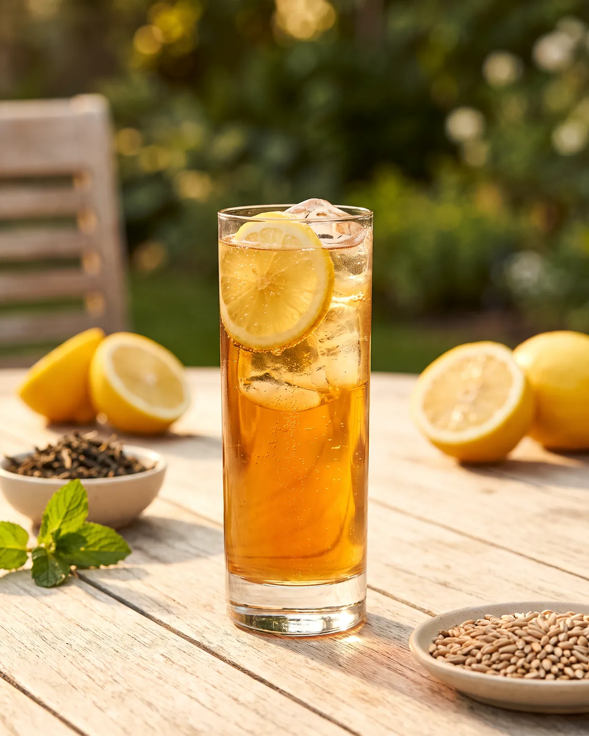 Black Tea Rye Highball, made with ReVerb Rye, in a highball glass, garnished with lemon wheel