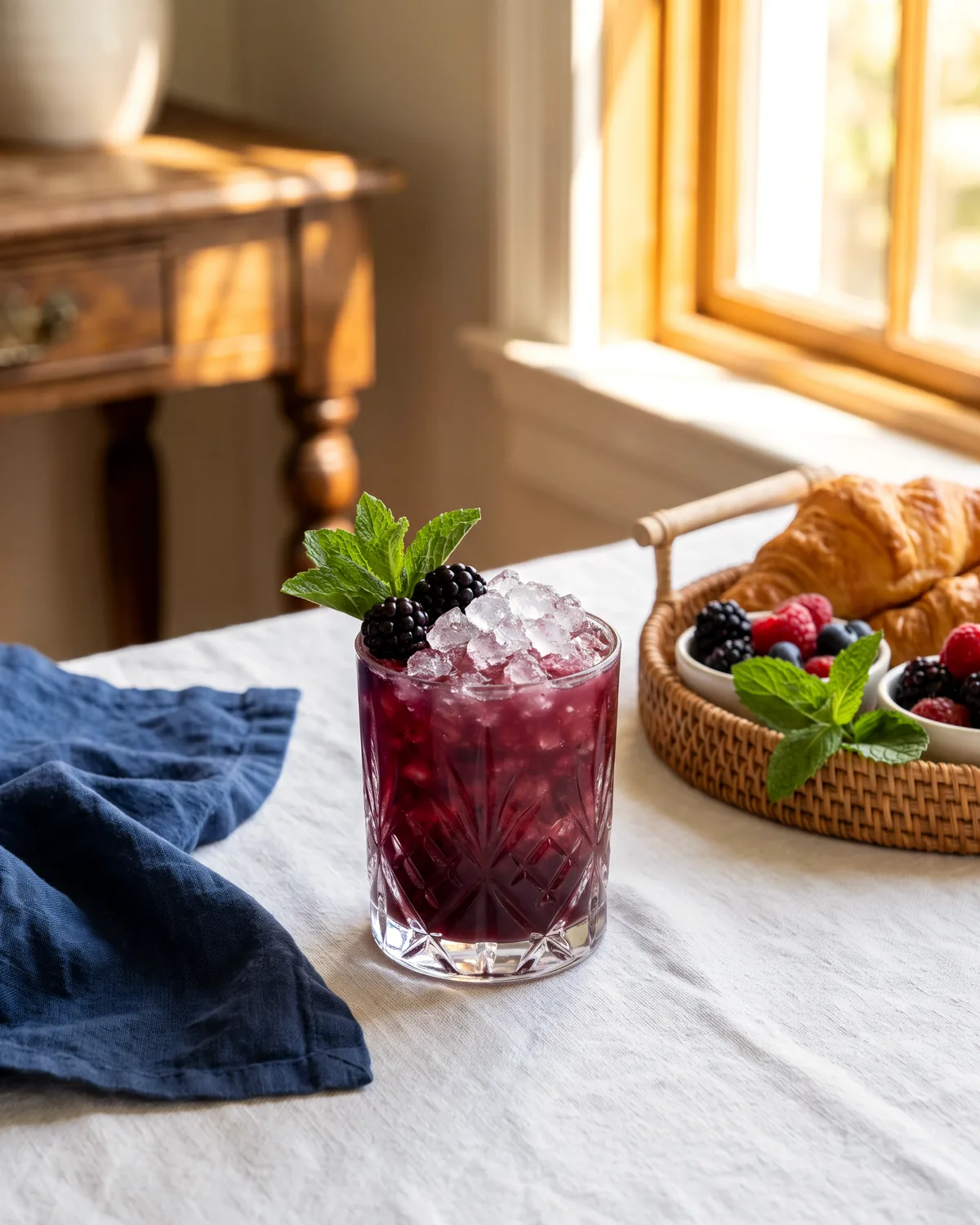 Blackberry Bourbon Smash, made with ReVerb Bourbon, in a rocks glass, garnished with mint, blackberry