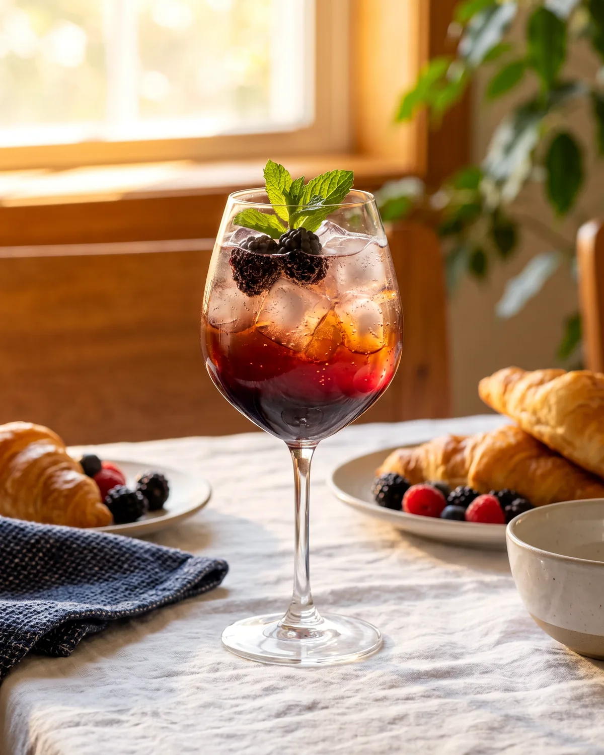 Blackberry Gin Spritz, made with ReVerb Gin, in a wine glass, garnished with blackberry, mint