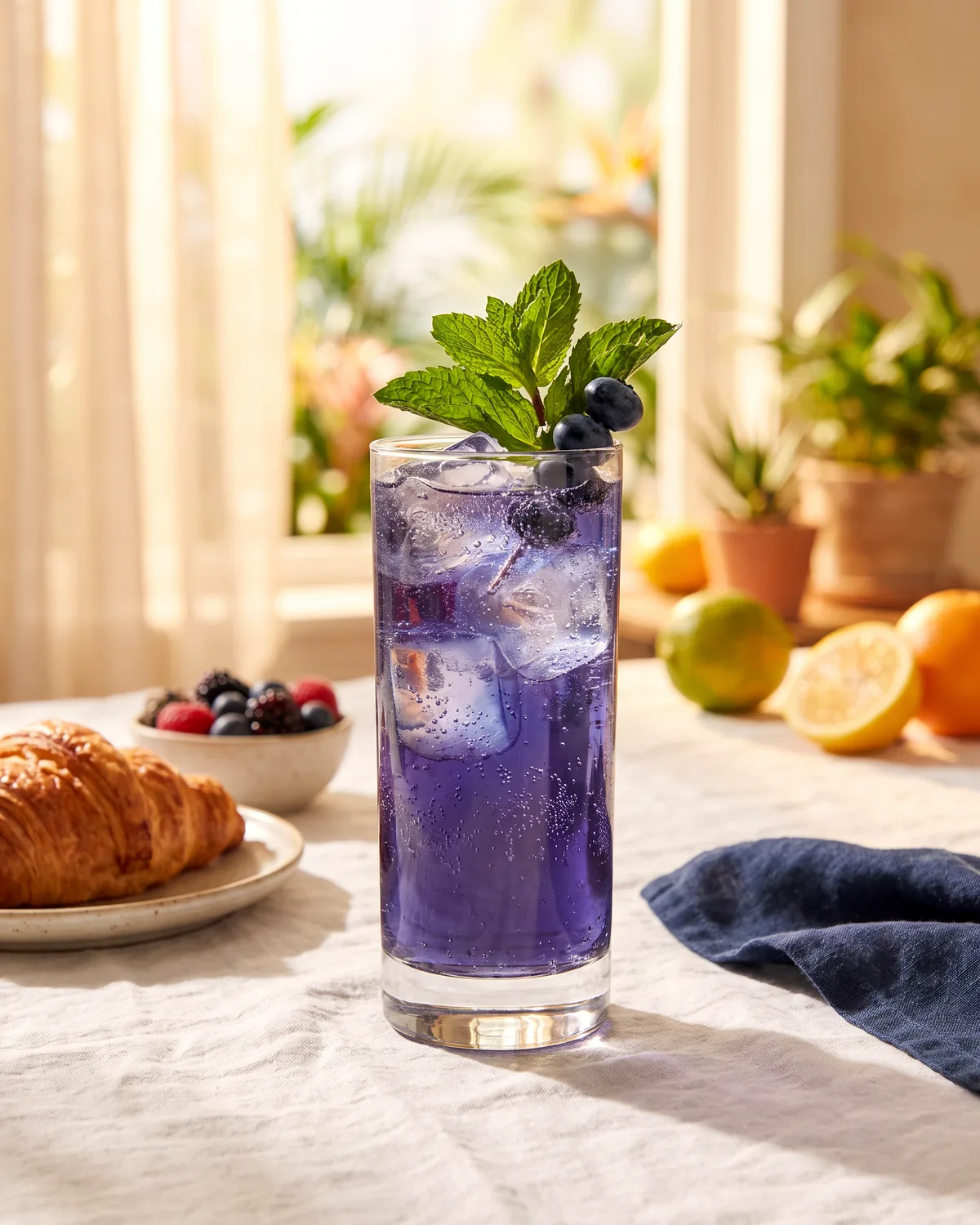 Blueberry Rum Collins, made with ReVerb White Rum, in a collins glass, garnished with blueberries, mint
