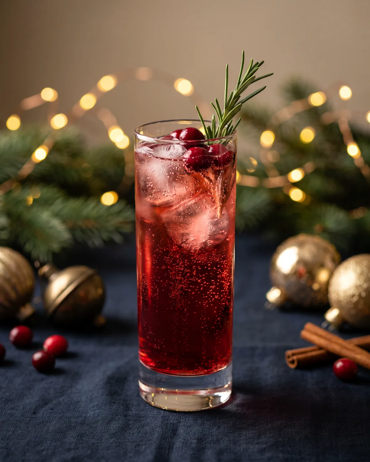 Bourbon Cranberry Highball, made with ReVerb Bourbon, in a highball glass, garnished with cranberries, rosemary