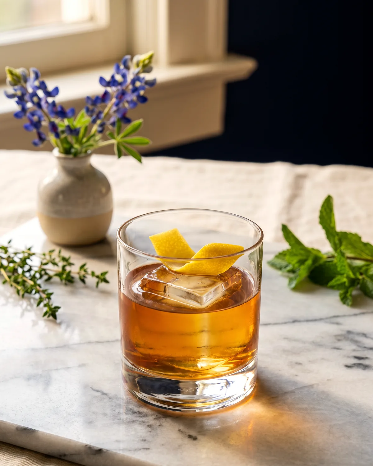 Bourbon Gold Rush, made with ReVerb Bourbon, in a rocks glass, garnished with lemon peel