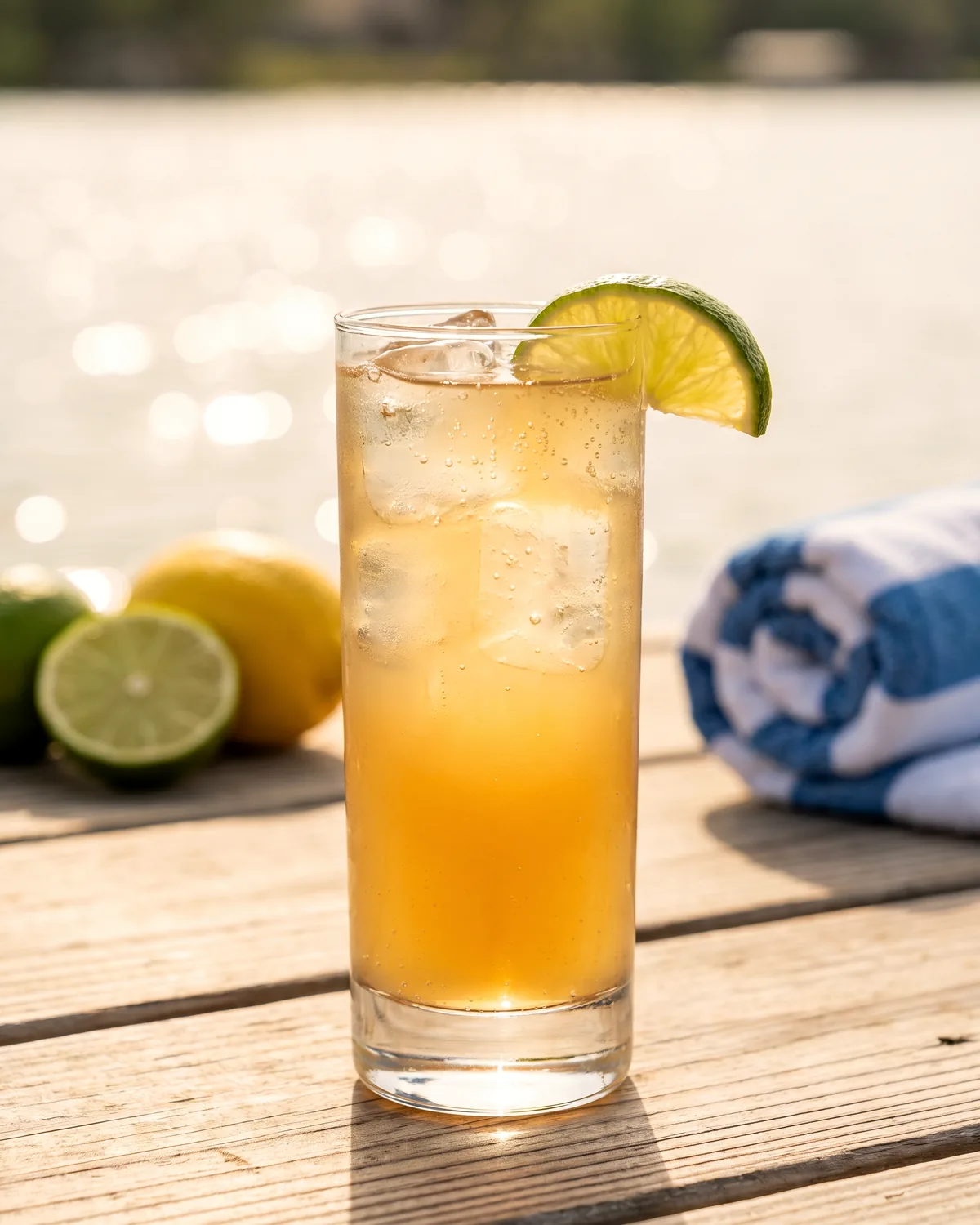 Bourbon Ranch Water, made with ReVerb Bourbon, in a highball glass, garnished with lime wedge