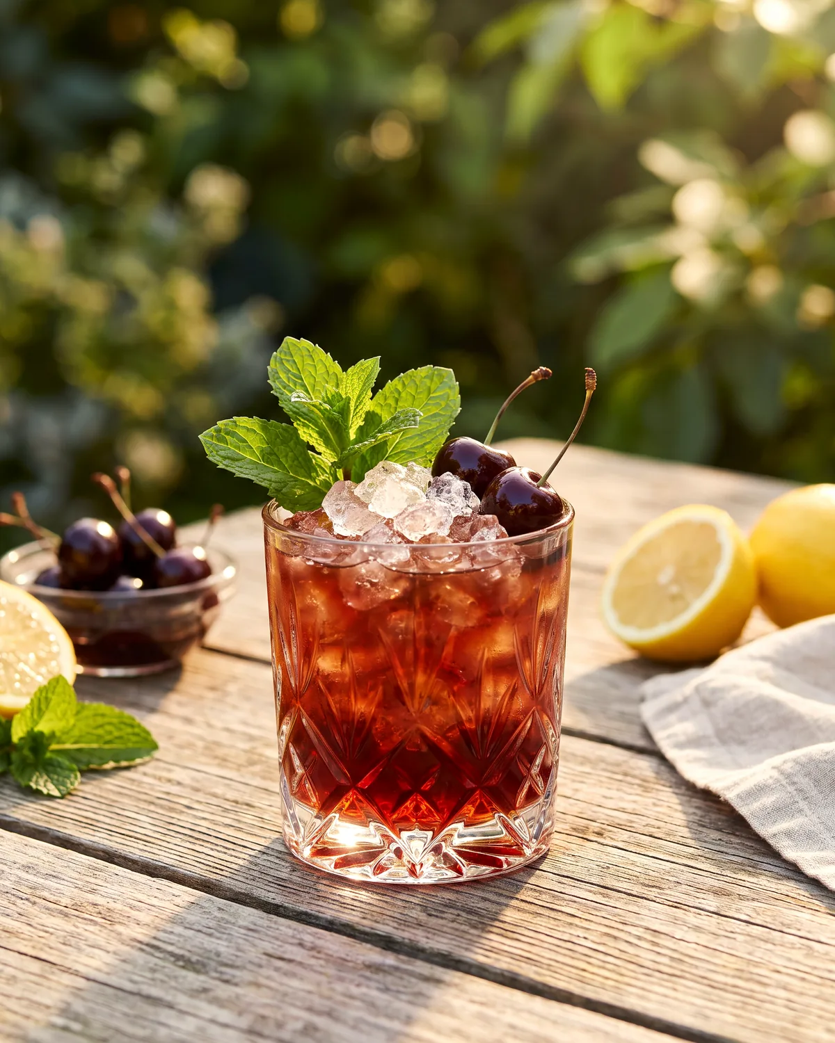 Cherry Rye Smash, made with ReVerb Rye, in a rocks glass, garnished with mint, cherry