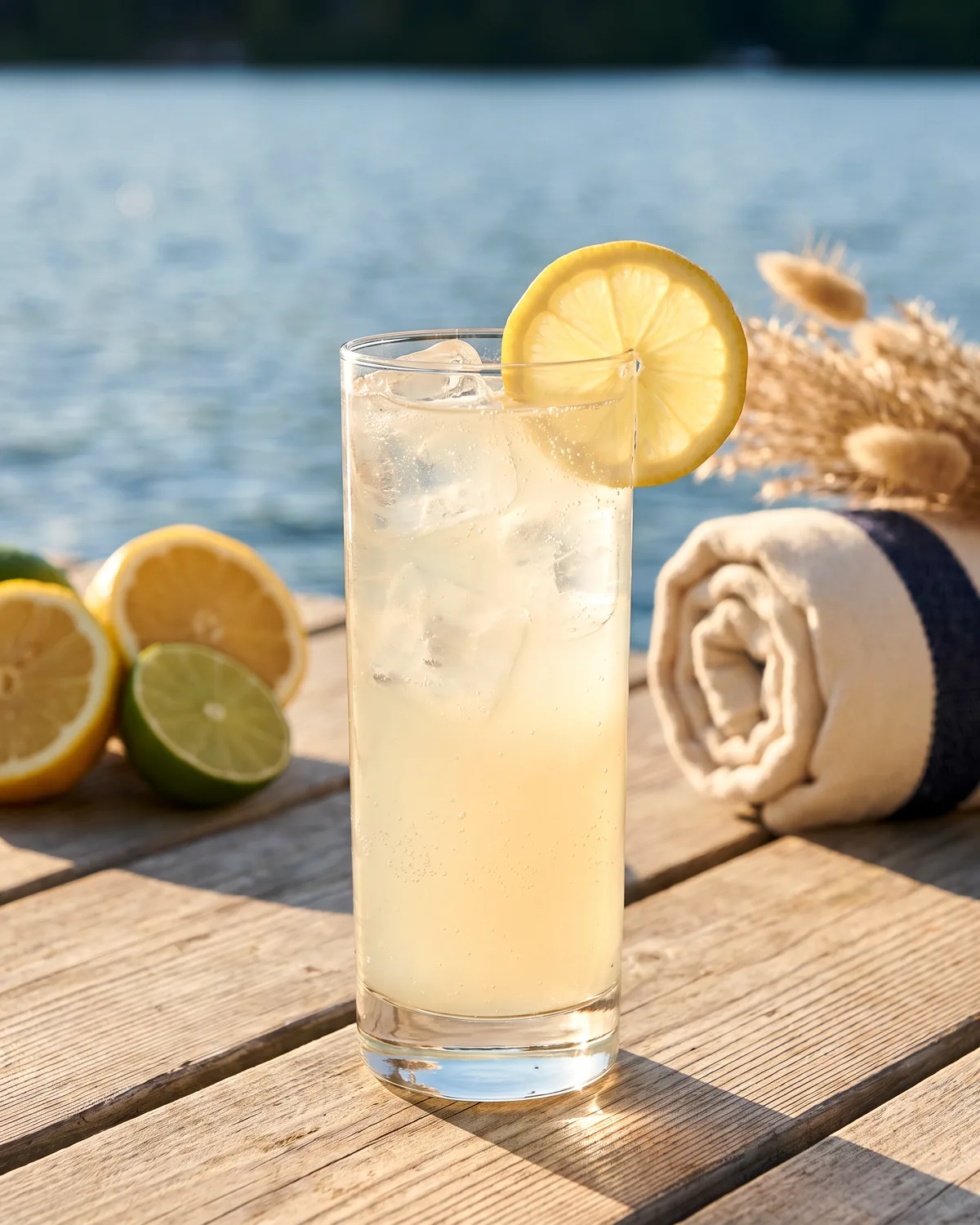 Coconut Rum Collins, made with ReVerb White Rum, in a collins glass, garnished with lemon wheel