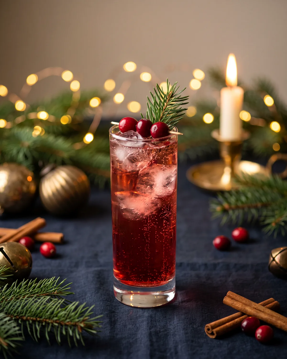 Cranberry Gin Collins, made with ReVerb Gin, in a collins glass, garnished with cranberries