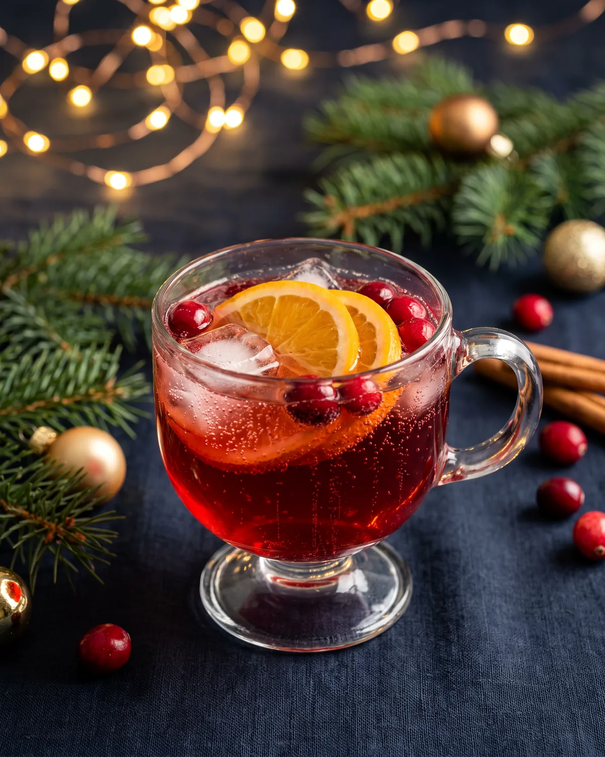 Cranberry Rum Punch, made with ReVerb White Rum, in a punch glass, garnished with orange wheels, cranberries
