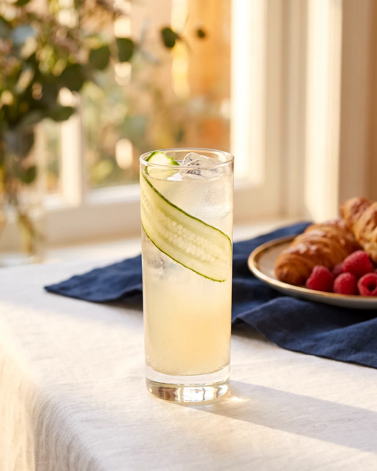 Cucumber Gin Collins, made with ReVerb Gin, in a collins glass, garnished with cucumber ribbon