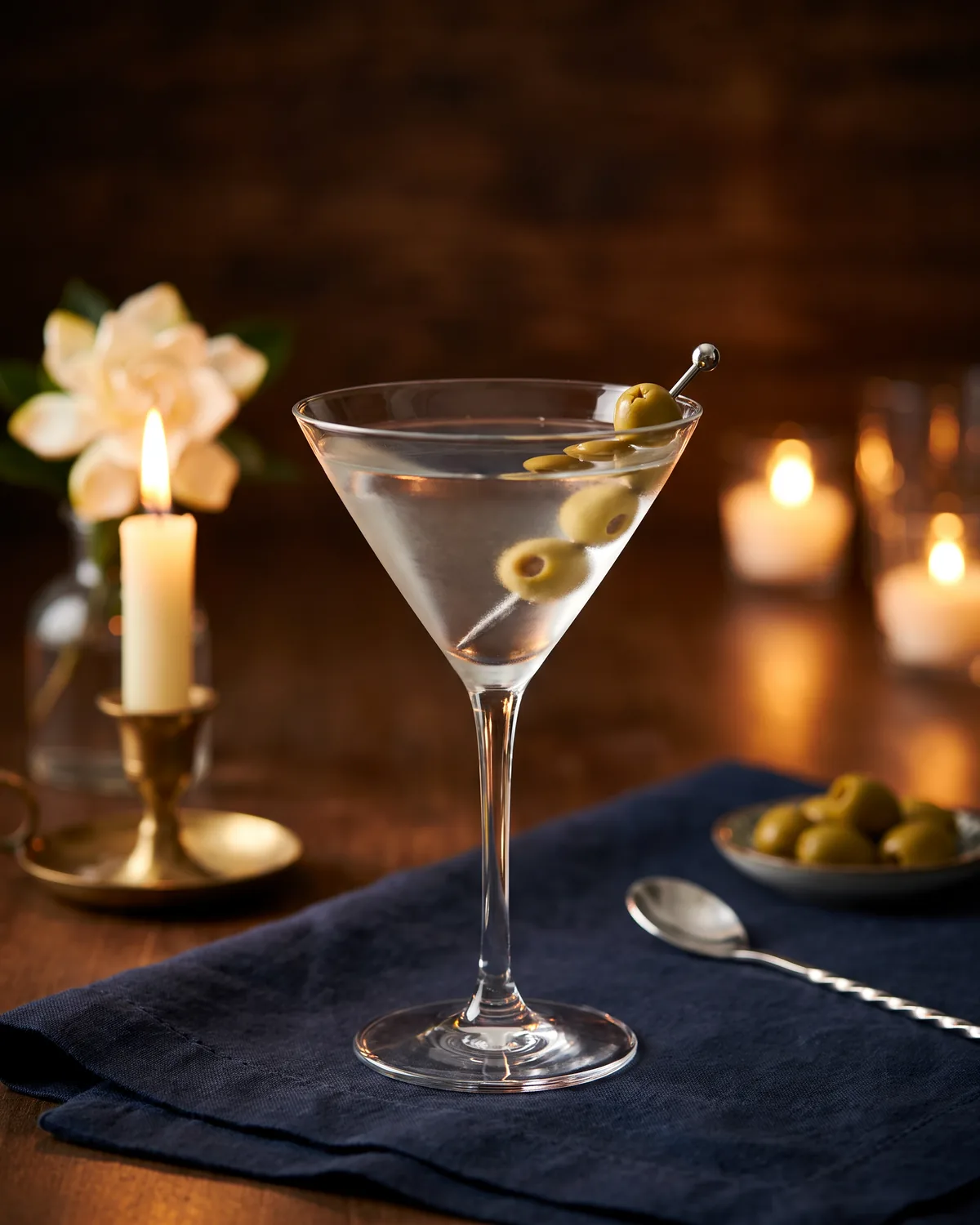 Dirty Gin Martini, made with ReVerb Gin, in a martini glass, garnished with olives