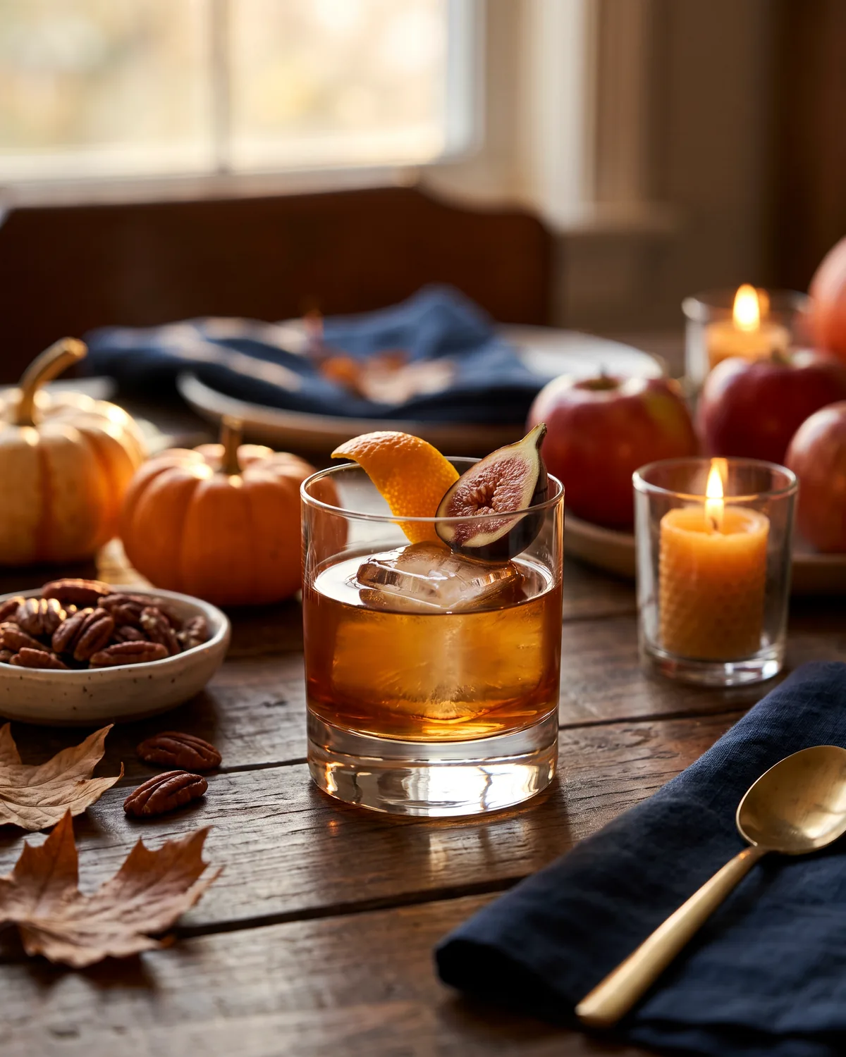 Fig Bourbon Old Fashioned, made with ReVerb Bourbon, in a rocks glass, garnished with orange peel, fig