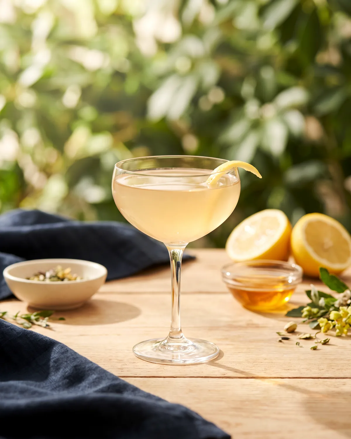 Gin Bee's Knees, made with ReVerb Gin, in a coupe, garnished with lemon twist