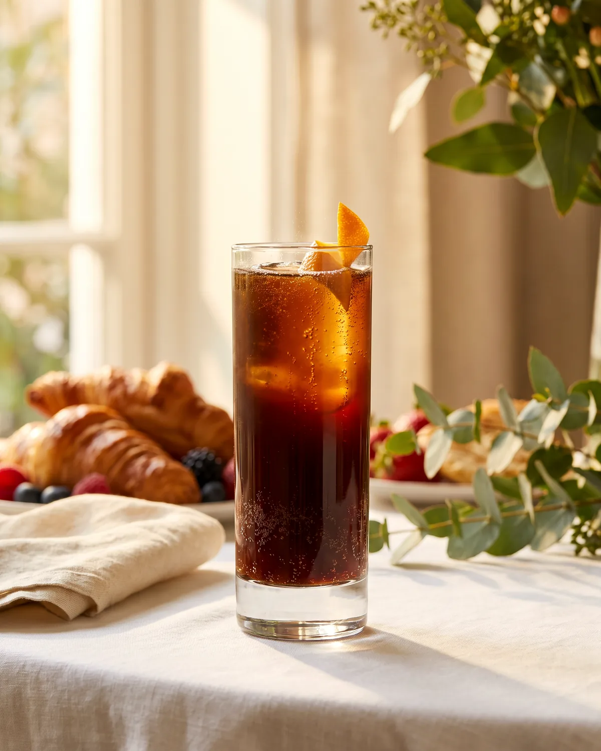 Gin Espresso Tonic, made with ReVerb Gin, in a highball glass, garnished with orange peel