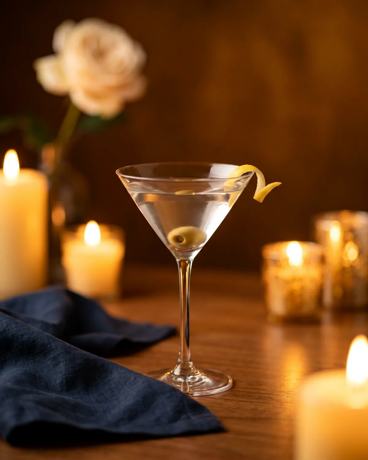 Gin Martini, made with ReVerb Gin, in a martini glass, garnished with olive or lemon twist