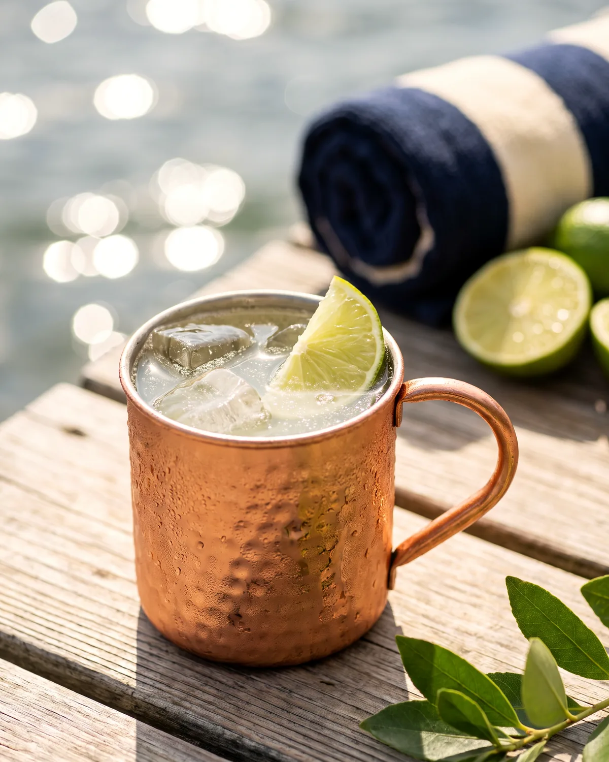 Gin Mule, made with ReVerb Gin, in a copper mug, garnished with lime wedge