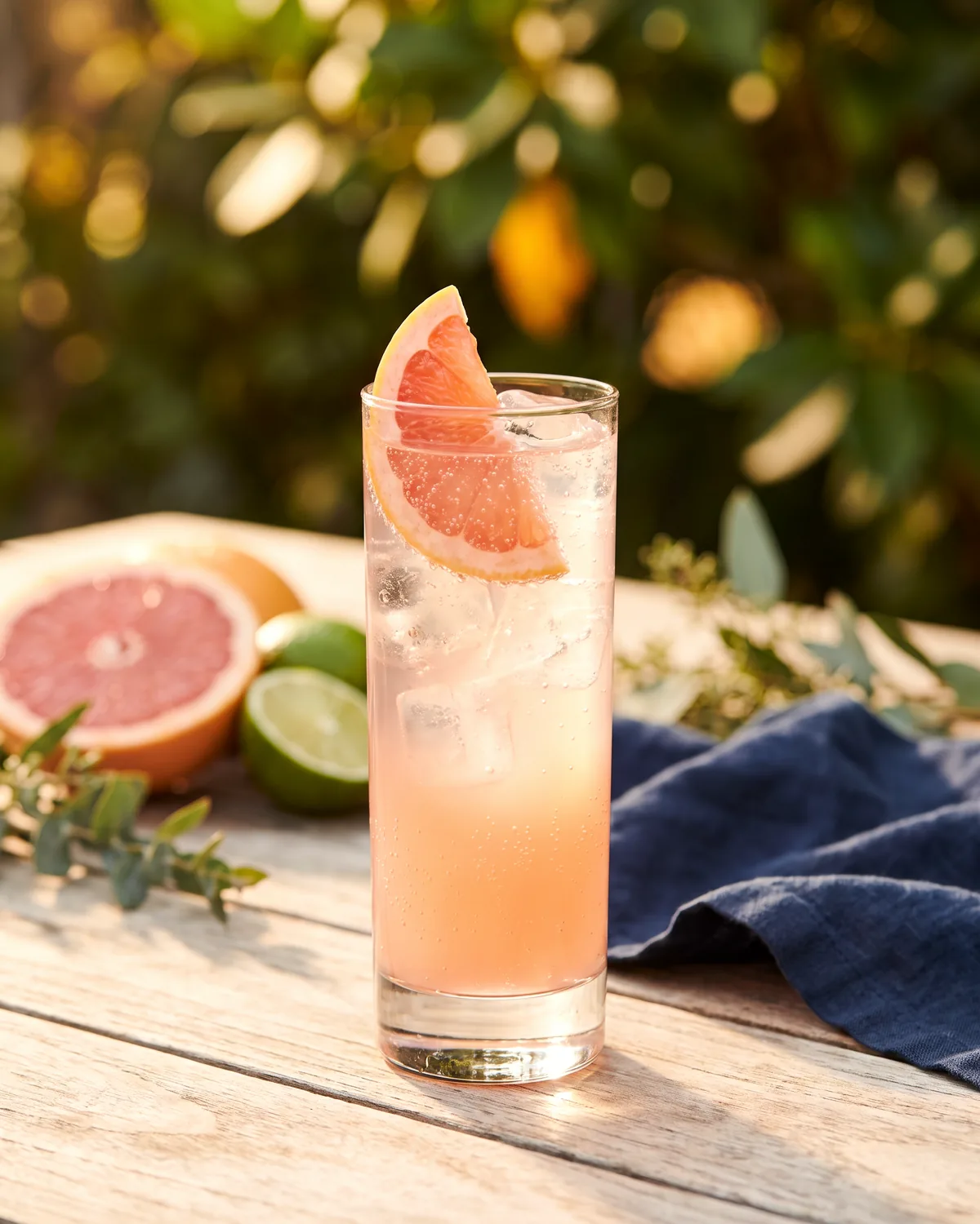 Gin Paloma, made with ReVerb Gin, in a highball glass, garnished with grapefruit wedge