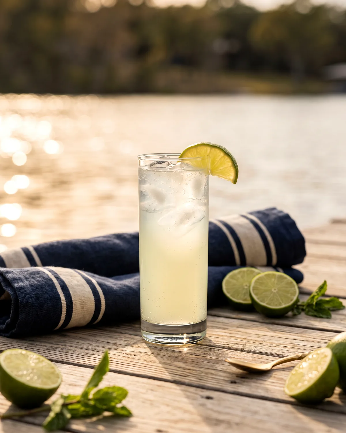 Gin Ranch Water, made with ReVerb Gin, in a highball glass, garnished with lime wedge
