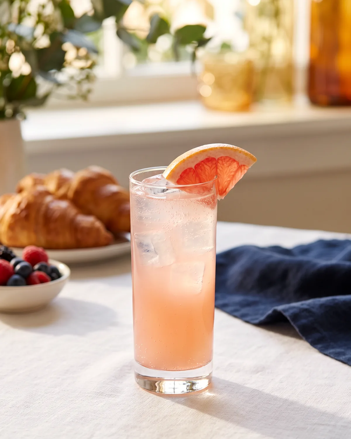 Grapefruit Gin Fizz, made with ReVerb Gin, in a highball glass, garnished with grapefruit wedge