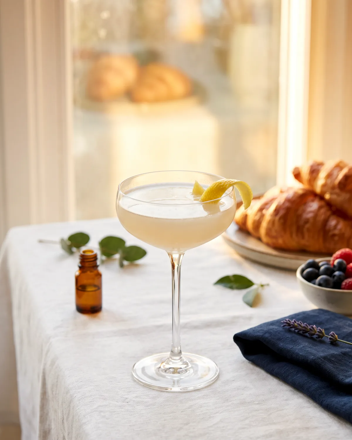 Lavender Gin Sour, made with ReVerb Gin, in a coupe, garnished with lemon twist