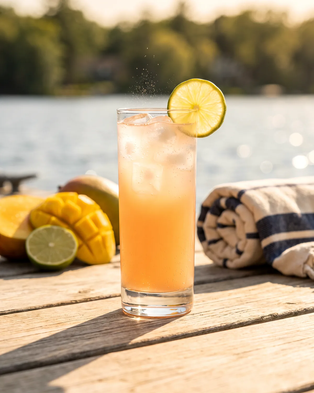 Mango Rum Cooler, made with ReVerb White Rum, in a highball glass, garnished with lime wheel