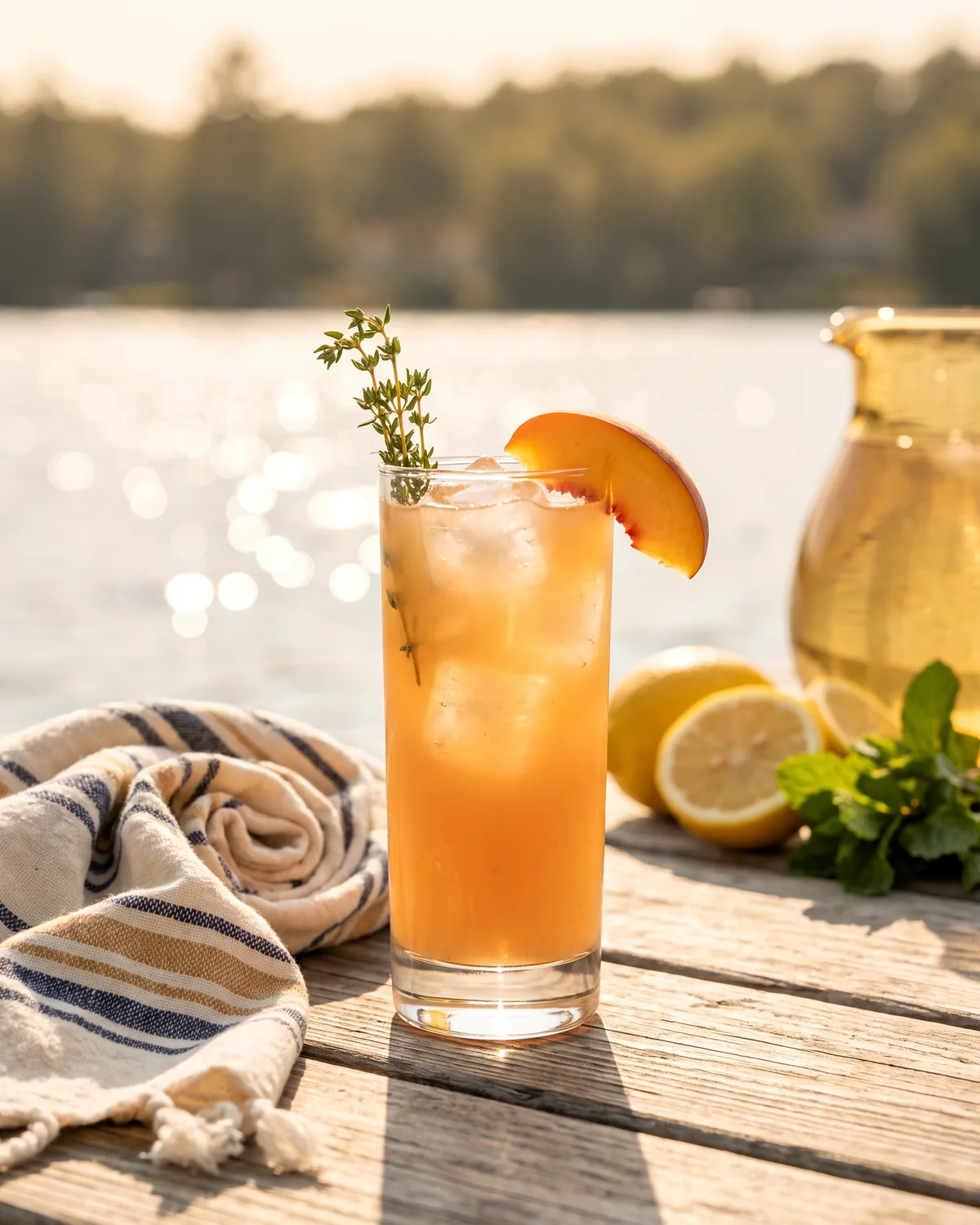 Peach Bourbon Tea, made with ReVerb Bourbon, in a highball glass, garnished with peach slice