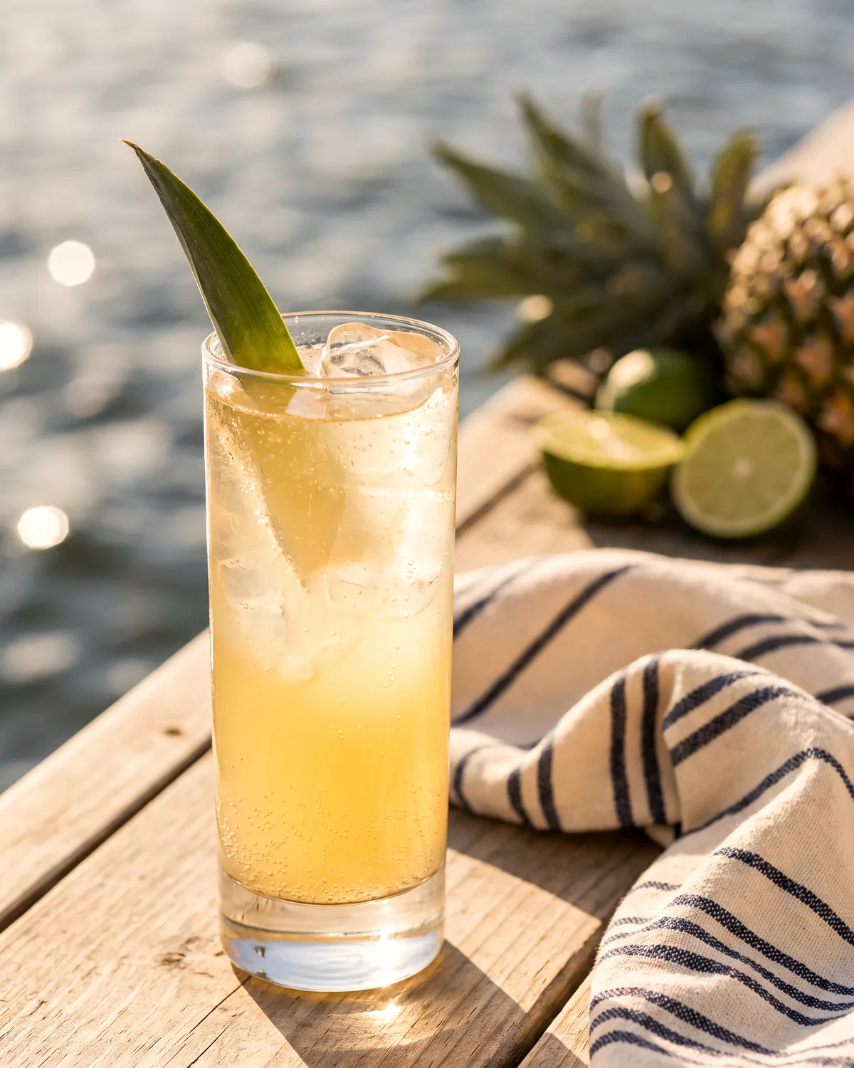 Pineapple Rum Highball, made with ReVerb White Rum, in a highball glass, garnished with pineapple leaf