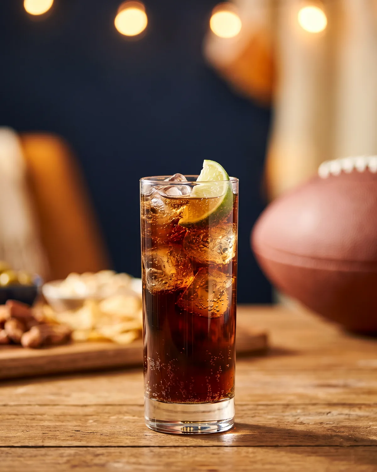 Rum & Coke, made with ReVerb White Rum, in a highball glass, garnished with lime wedge