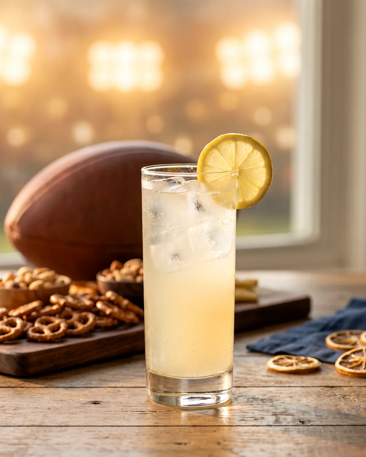 Rum Ginger Lemon Highball, made with ReVerb White Rum, in a highball glass, garnished with lemon wheel