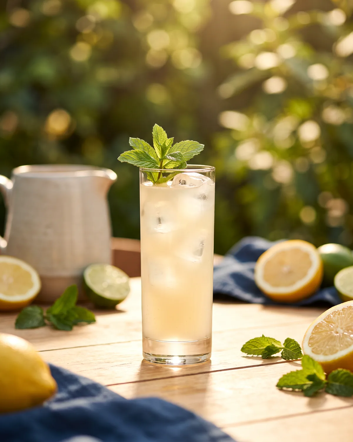 Rum Mint Lemonade, made with ReVerb White Rum, in a highball glass, garnished with mint sprig
