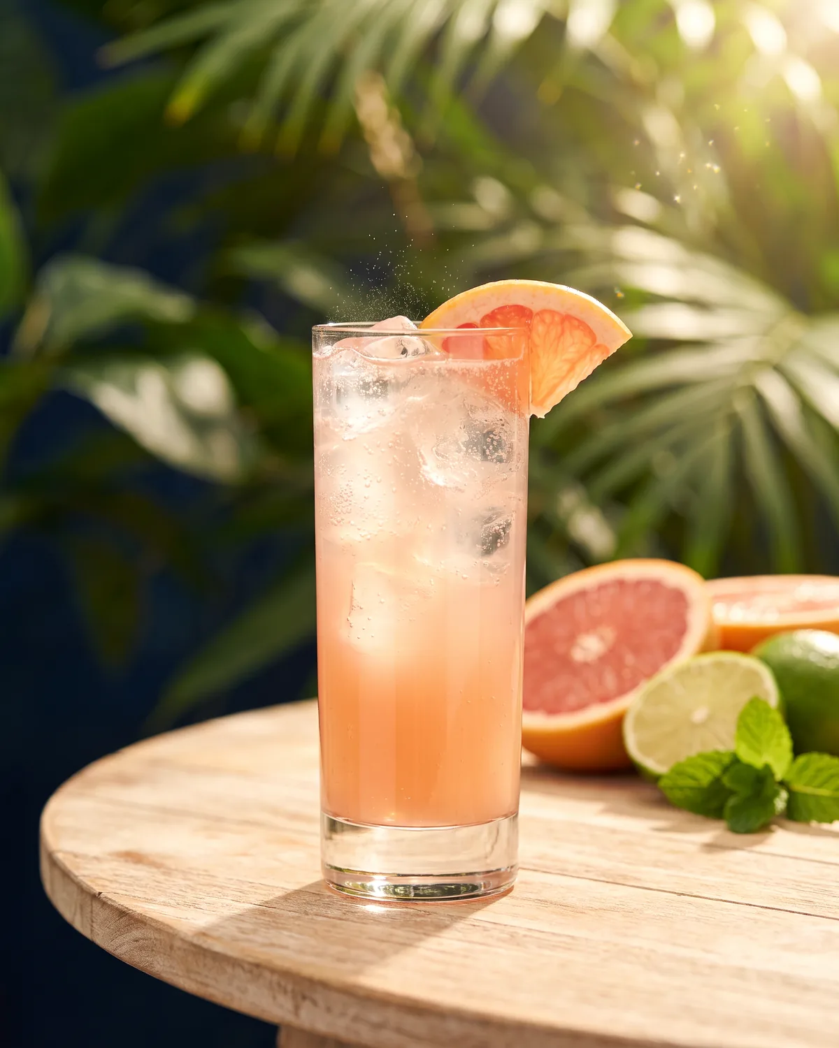Rum Paloma, made with ReVerb White Rum, in a highball glass, garnished with grapefruit wedge