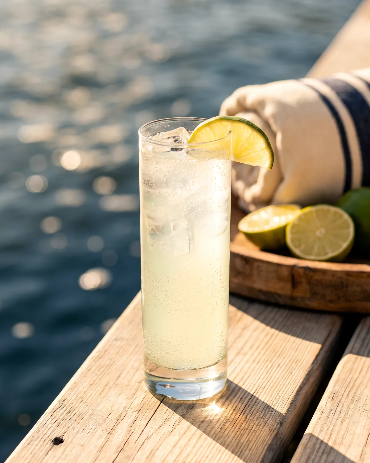 Rum Ranch Water, made with ReVerb White Rum, in a highball glass, garnished with lime wedge