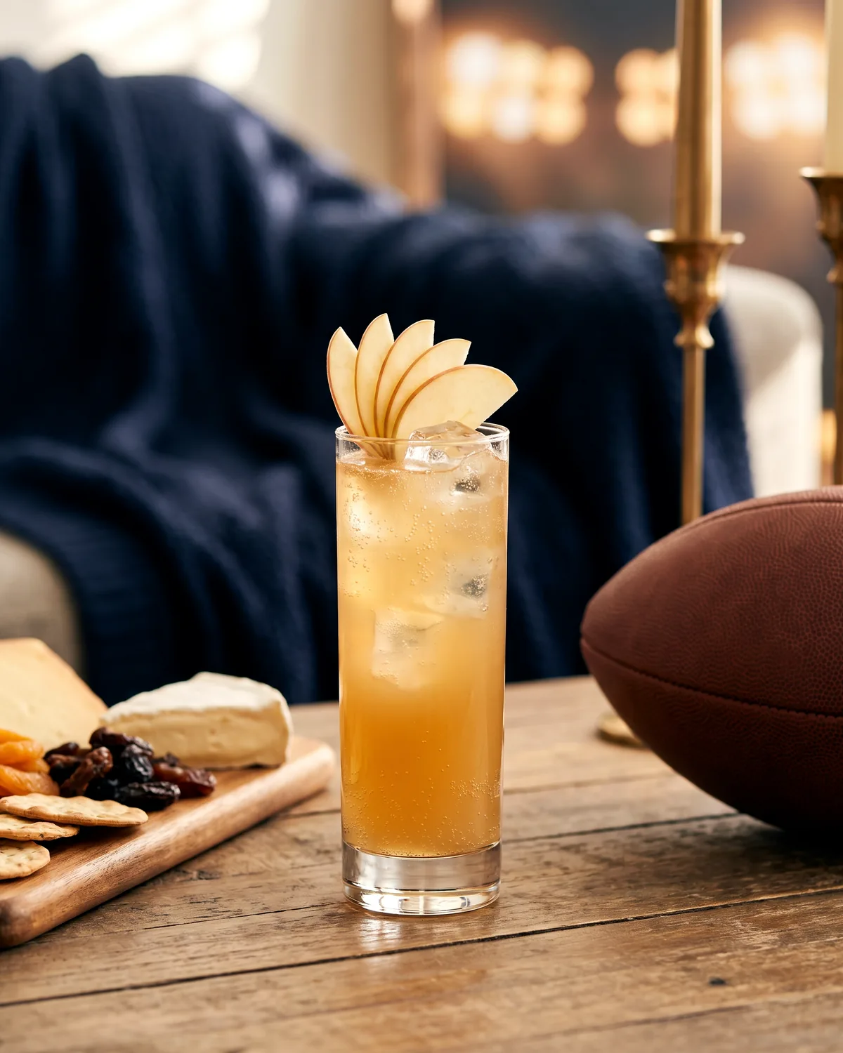 Rye Apple Highball, made with ReVerb Rye, in a highball glass, garnished with apple fan