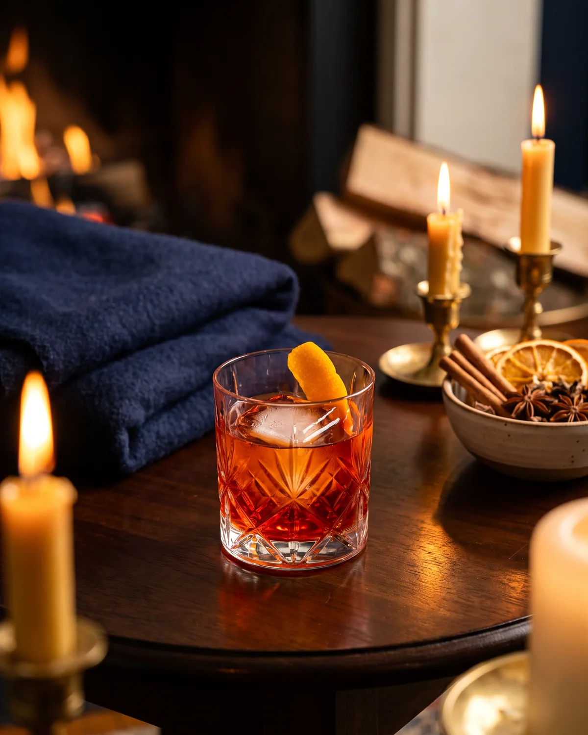 Rye Boulevardier, made with ReVerb Rye, in a rocks glass, garnished with orange peel