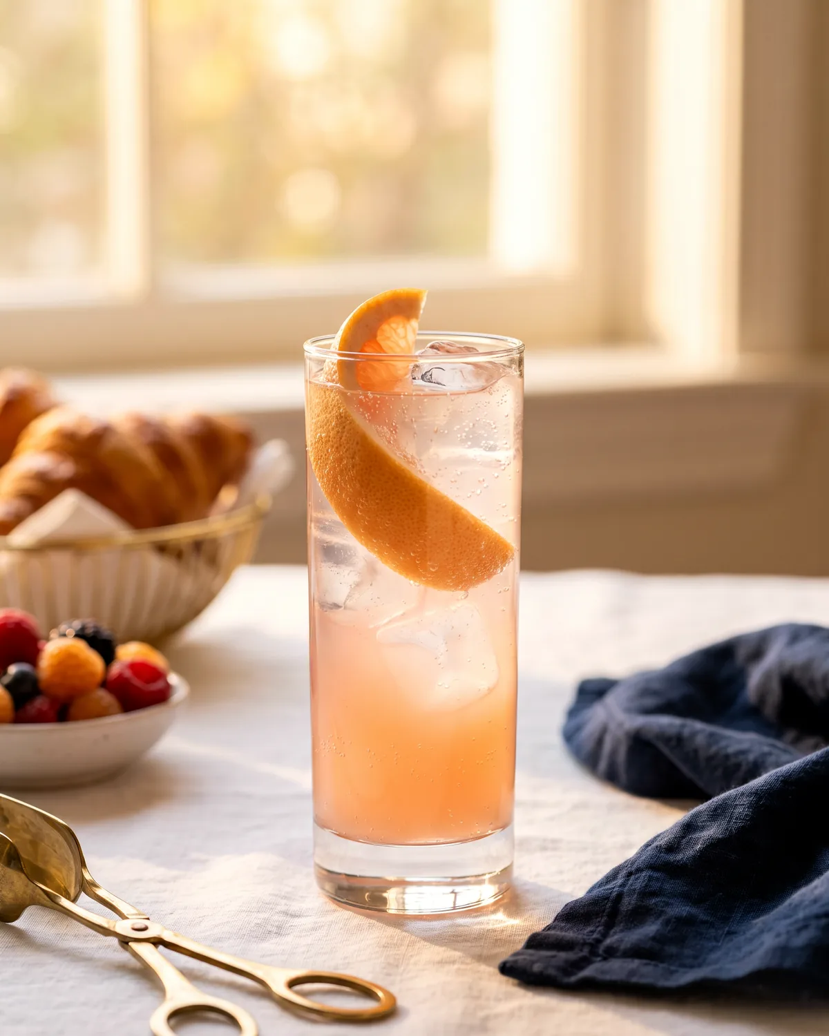 Rye Grapefruit Highball, made with ReVerb Rye, in a highball glass, garnished with grapefruit peel