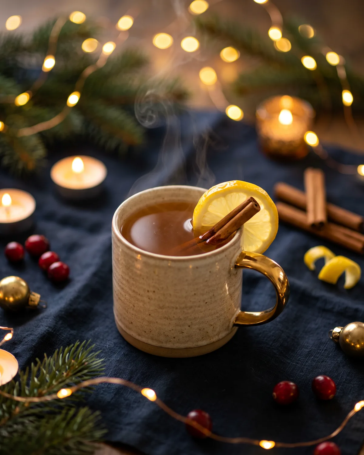 Rye Hot Toddy, made with ReVerb Rye, in a mug, garnished with lemon, cinnamon
