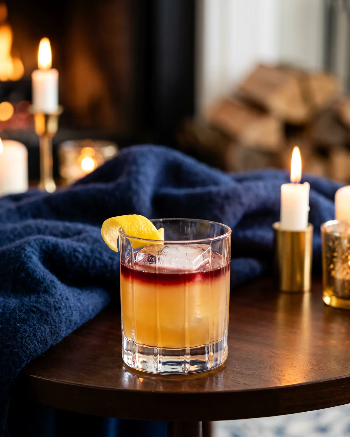 Rye New York Sour, made with ReVerb Rye, in a rocks glass, garnished with lemon peel