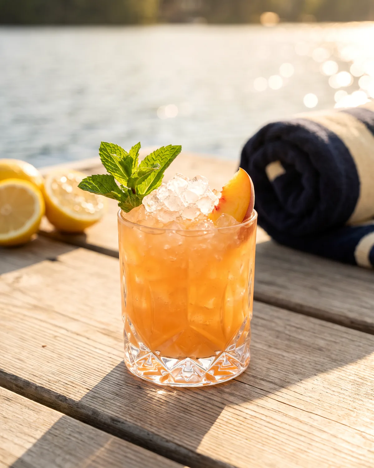 Rye Peach Smash, made with ReVerb Rye, in a rocks glass, garnished with mint, peach