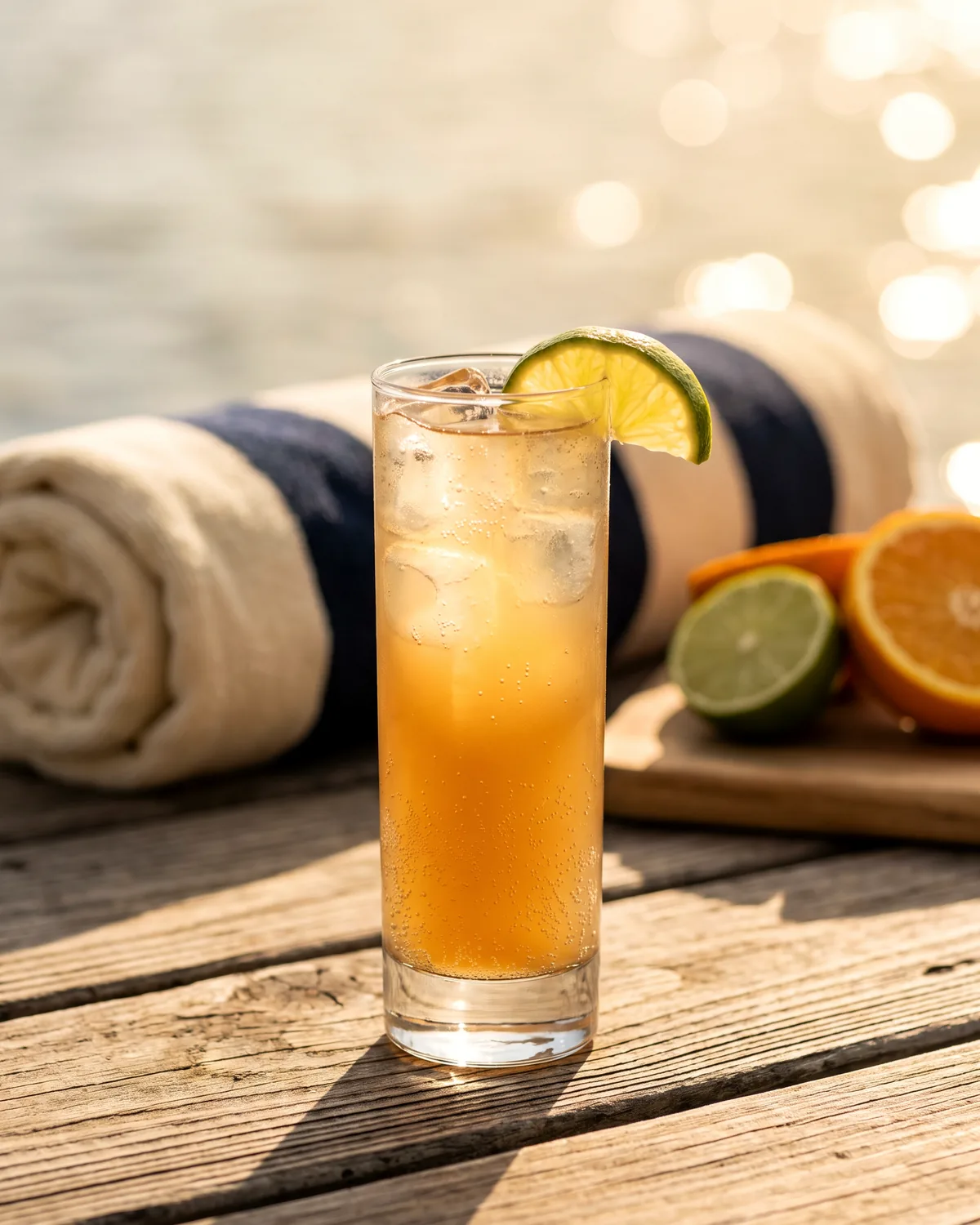 Rye Ranch Water, made with ReVerb Rye, in a highball glass, garnished with lime wedge