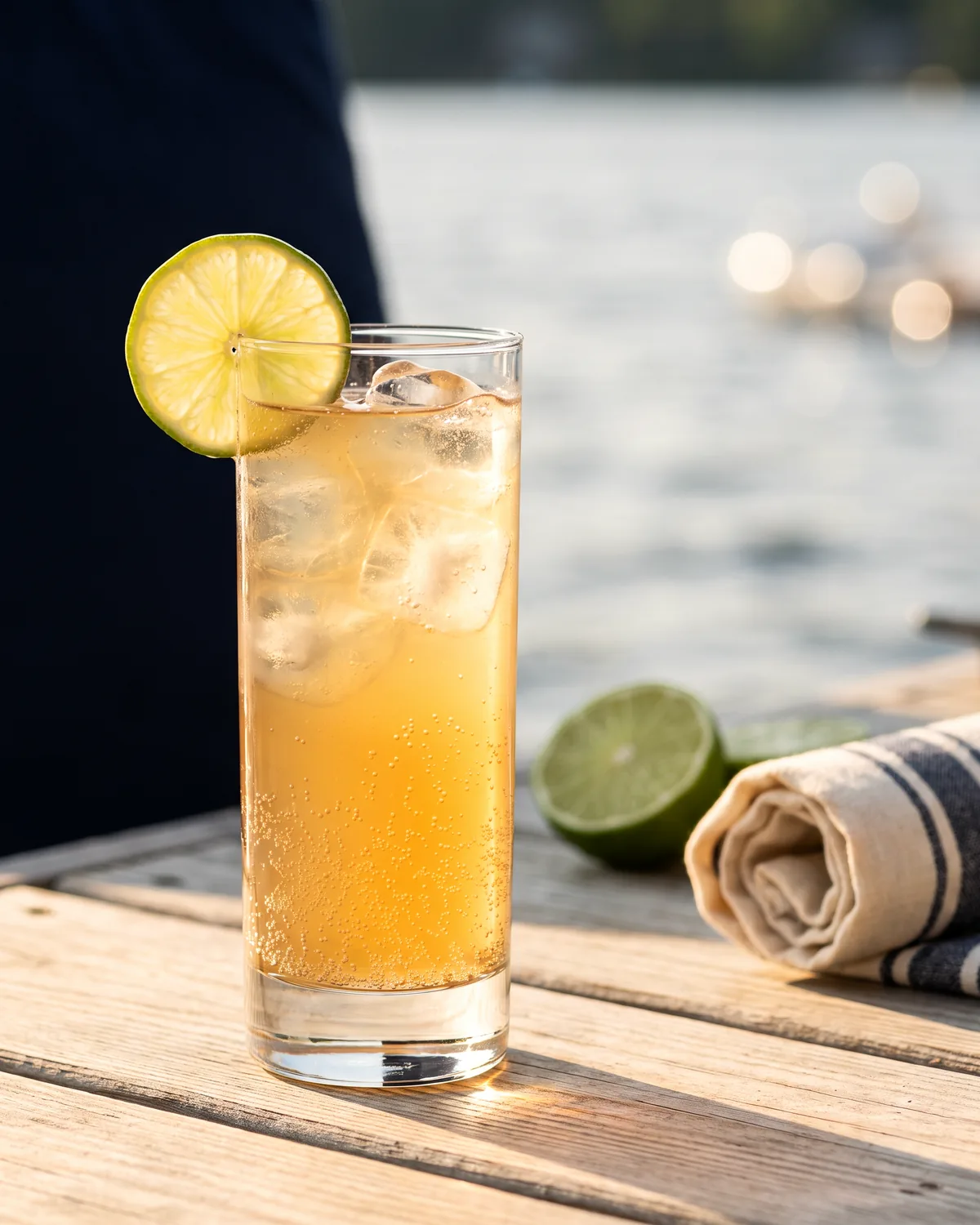 Rye Rickey, made with ReVerb Rye, in a highball glass, garnished with lime wheel
