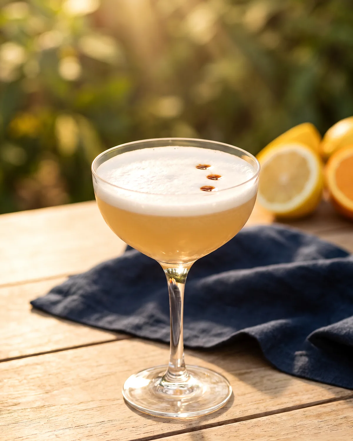 Rye Whiskey Sour, made with ReVerb Rye, in a coupe, garnished with bitters drops