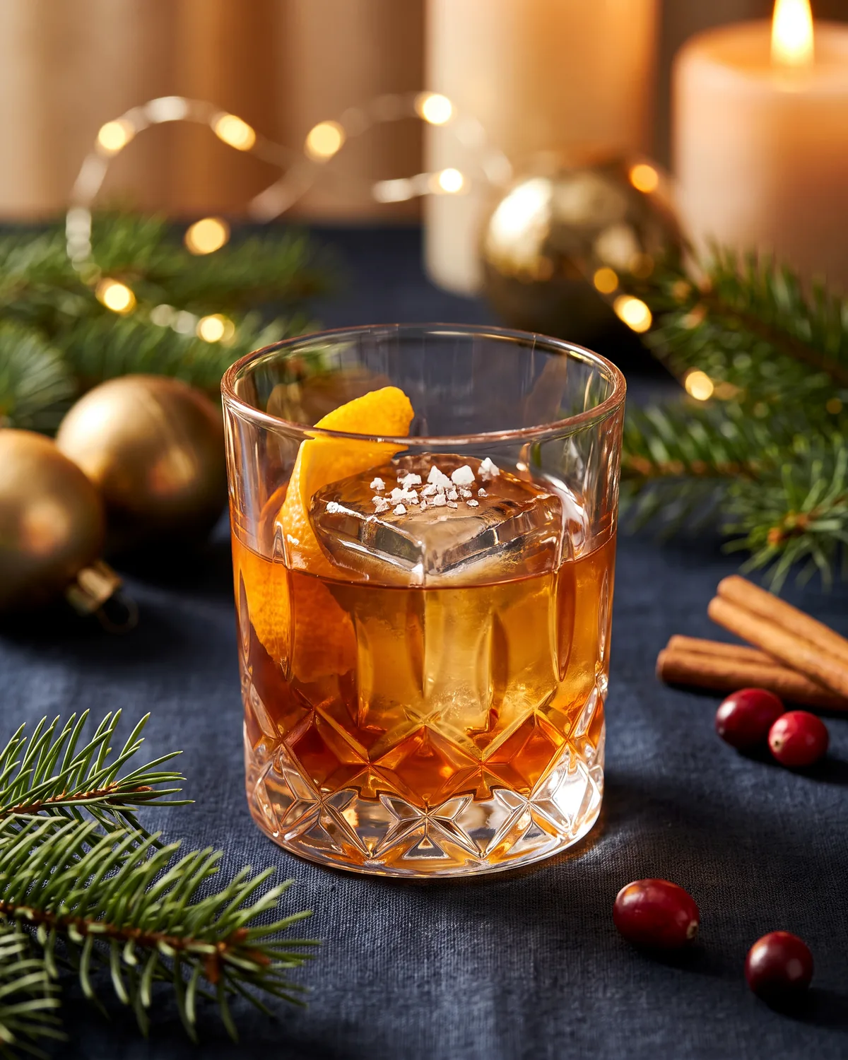 Salted Caramel Bourbon, made with ReVerb Bourbon, in a rocks glass, garnished with flaky salt, orange peel