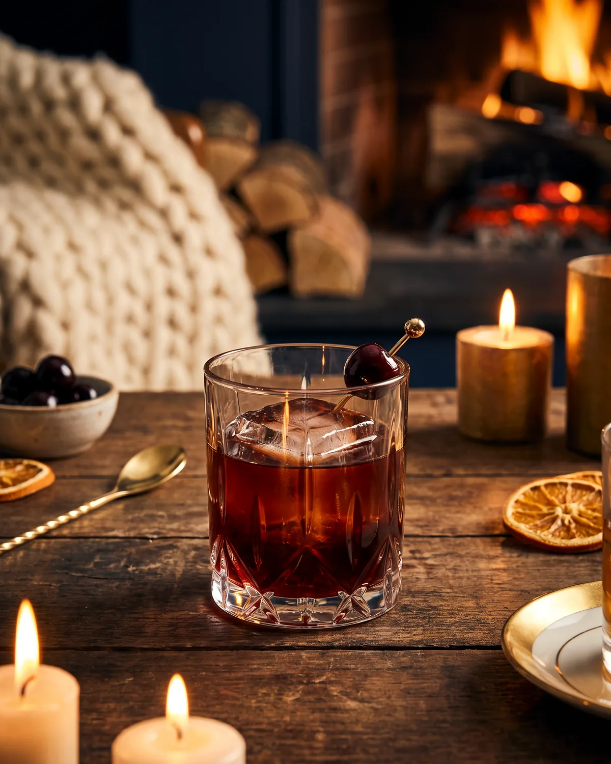 Smoked Cherry Bourbon, made with ReVerb Bourbon, in a rocks glass, garnished with brandied cherry