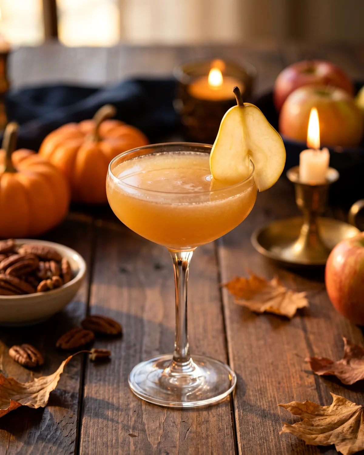 Spiced Pear Rye Sour, made with ReVerb Rye, in a coupe, garnished with pear slice