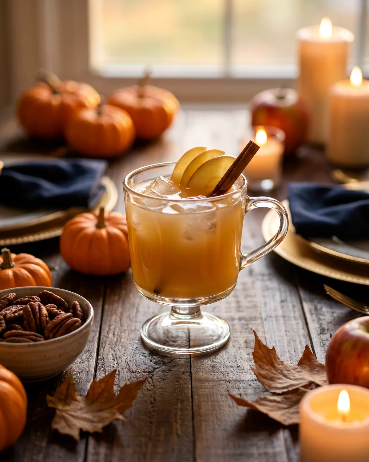 Spiced Rum Harvest Punch, made with ReVerb White Rum, in a punch glass, garnished with apple, cinnamon