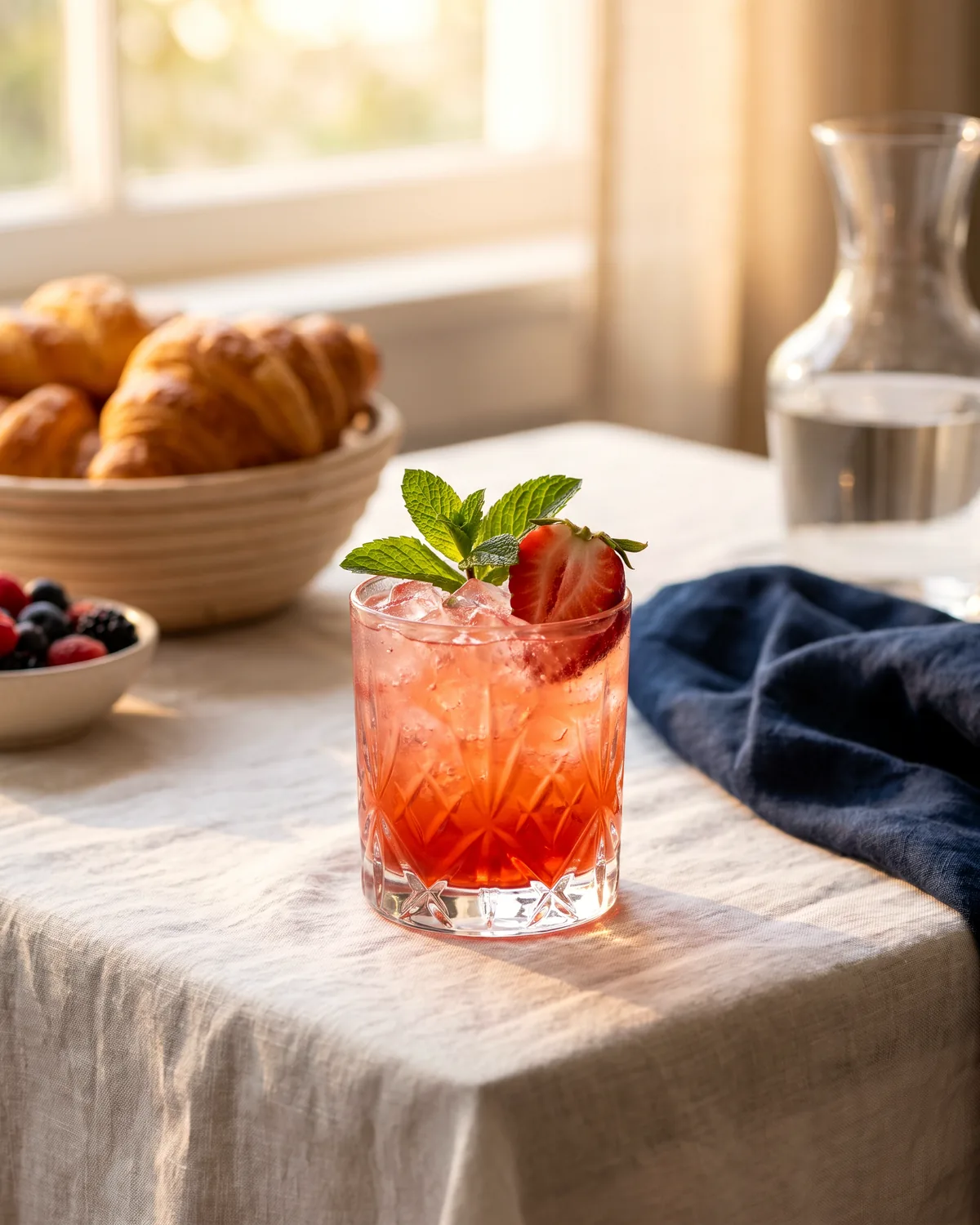 Strawberry Rum Smash, made with ReVerb White Rum, in a rocks glass, garnished with mint, strawberry