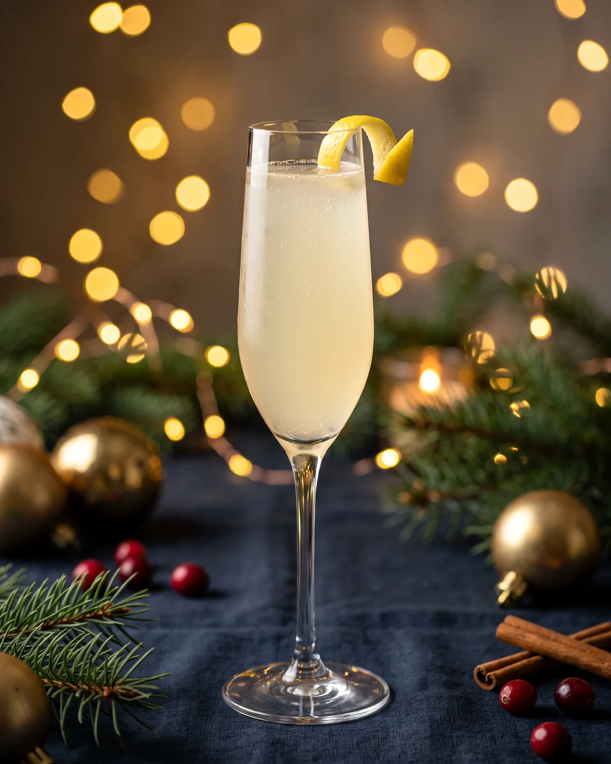 Texas 75, made with ReVerb Gin, in a flute, garnished with lemon twist