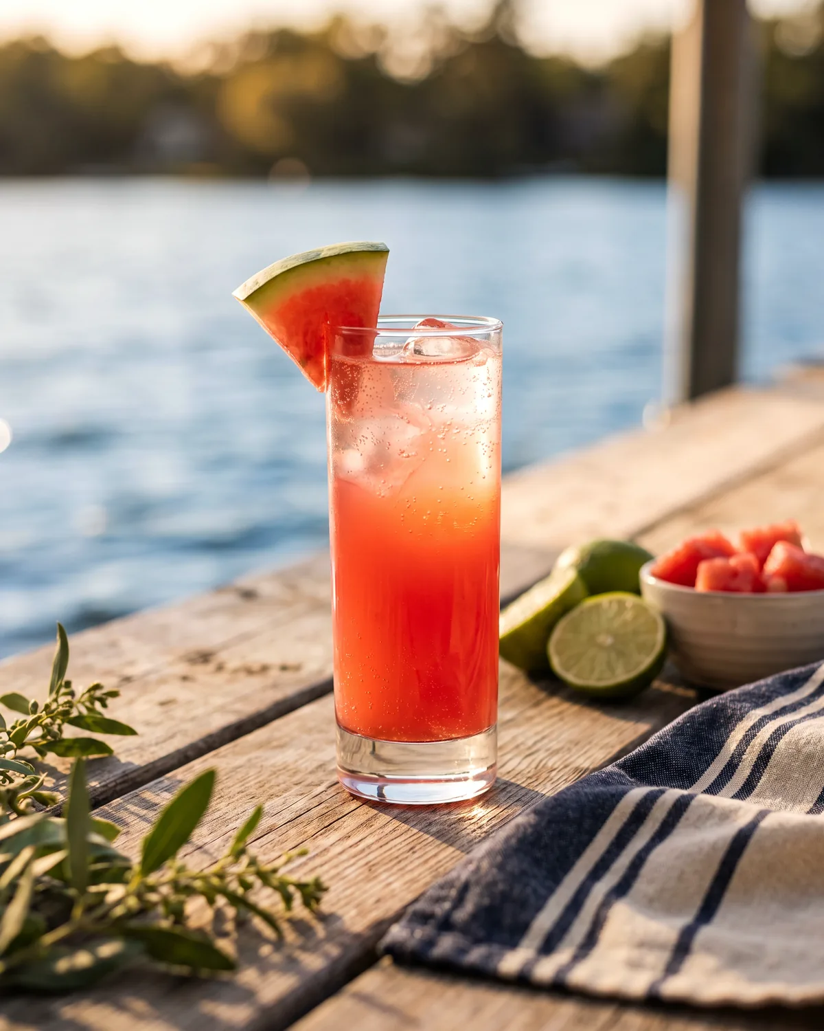 Watermelon Gin Cooler, made with ReVerb Gin, in a highball glass, garnished with watermelon wedge