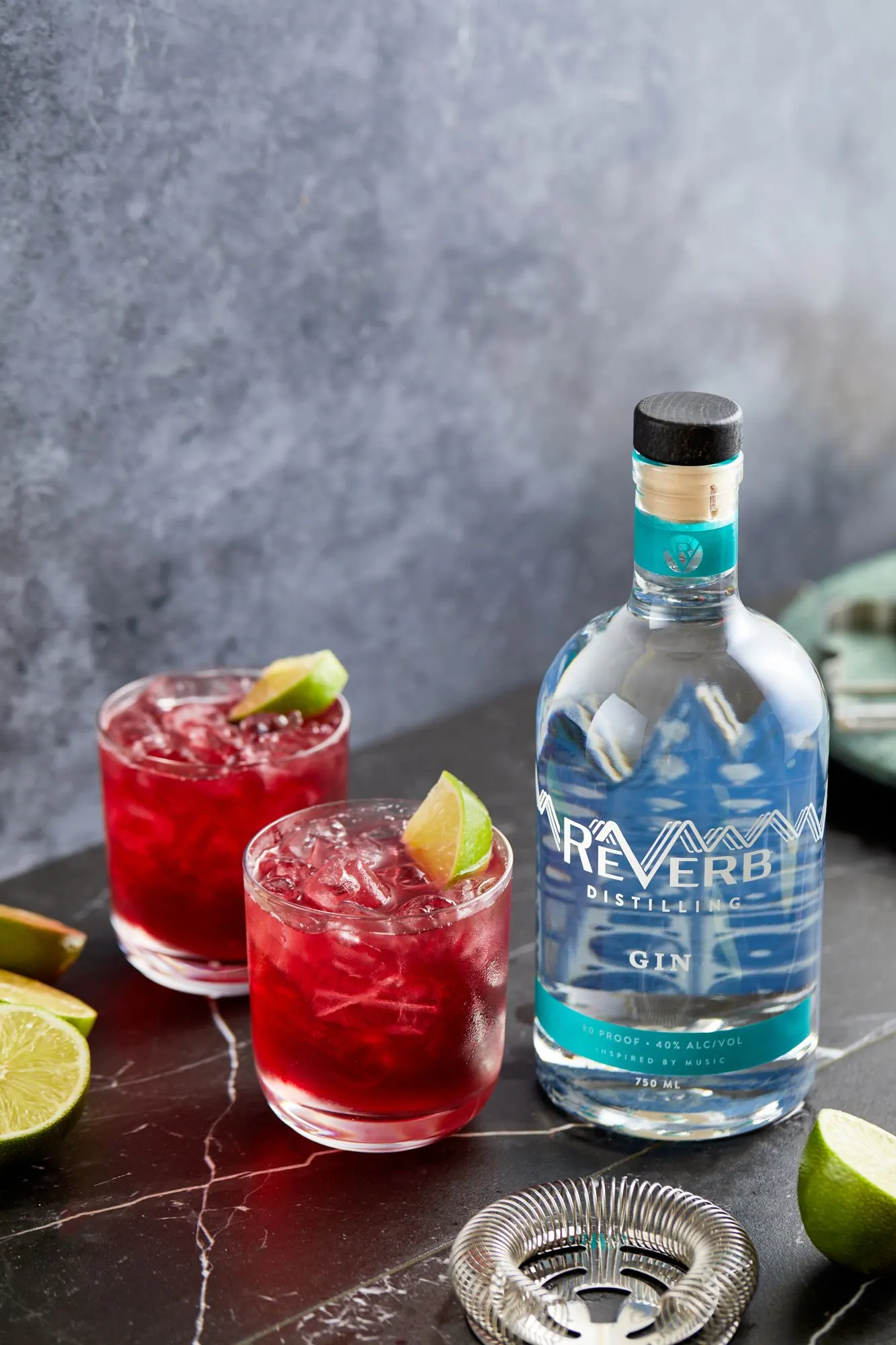 The Bloom, a pink hibiscus gin cocktail beside ReVerb Gin